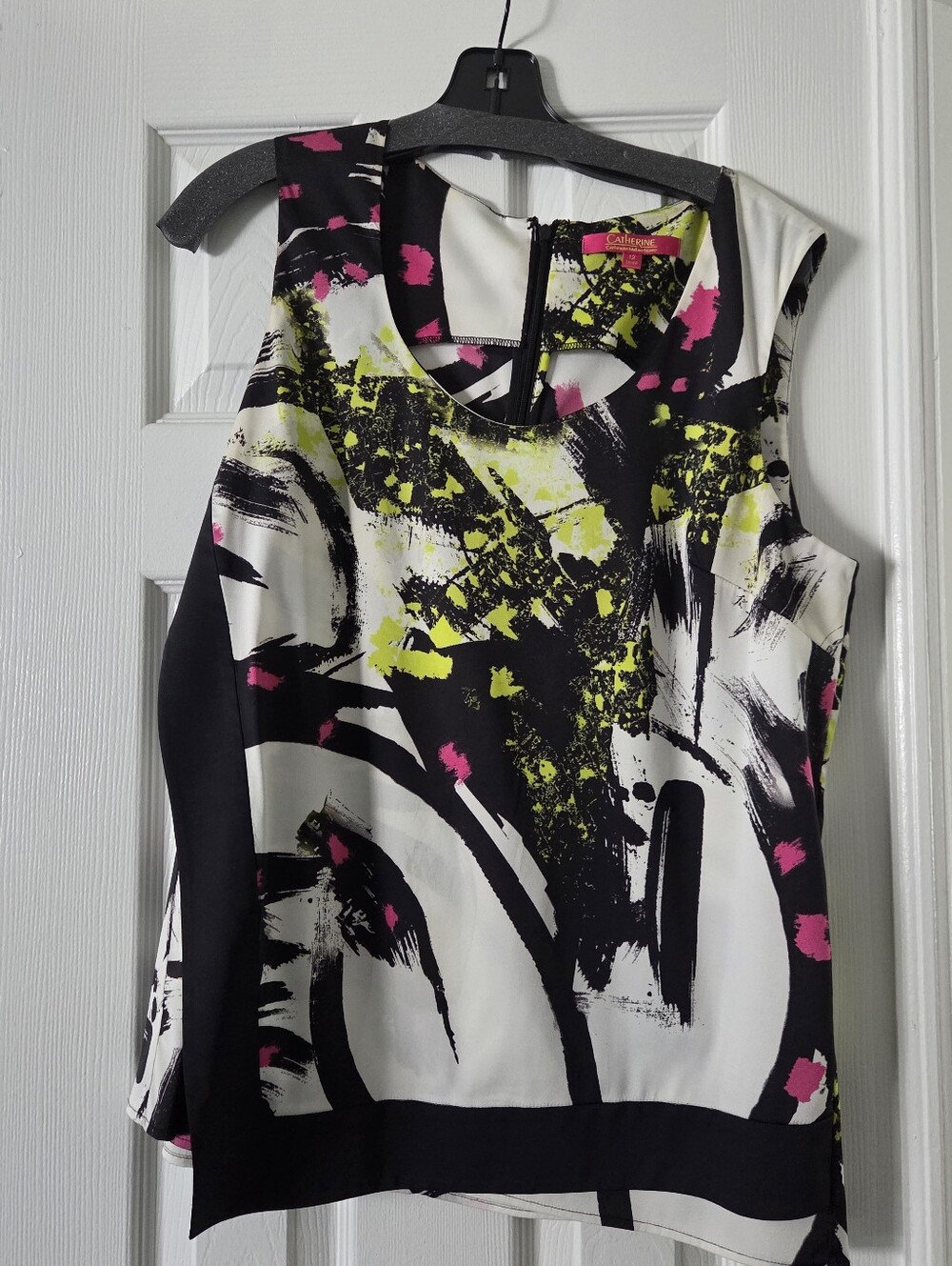 Catherines Black White Neon Yellow and Pink Abstract Sleeveless Top